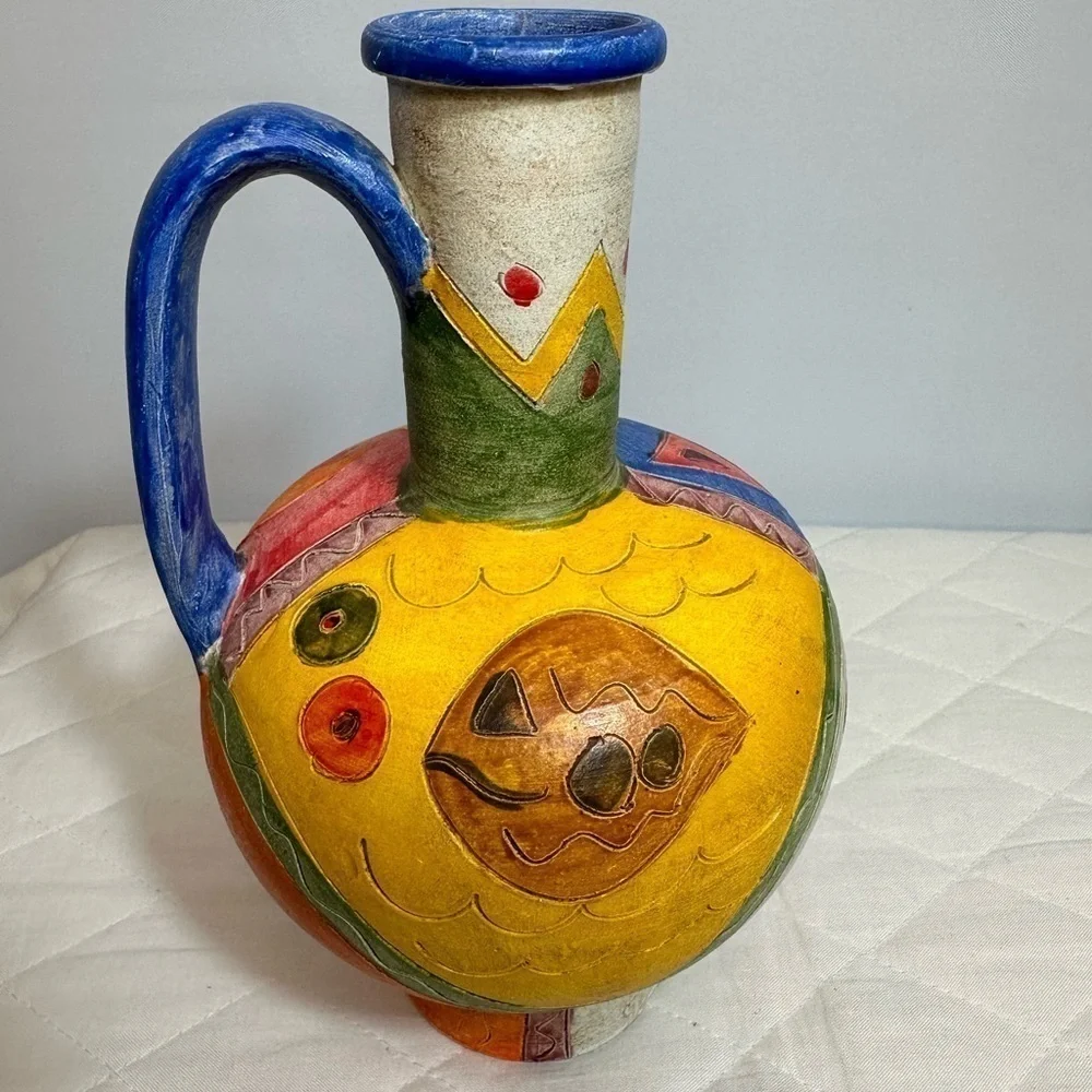 Handmade Clay Pottery Pitcher Signed Colorful Decorative Artwork